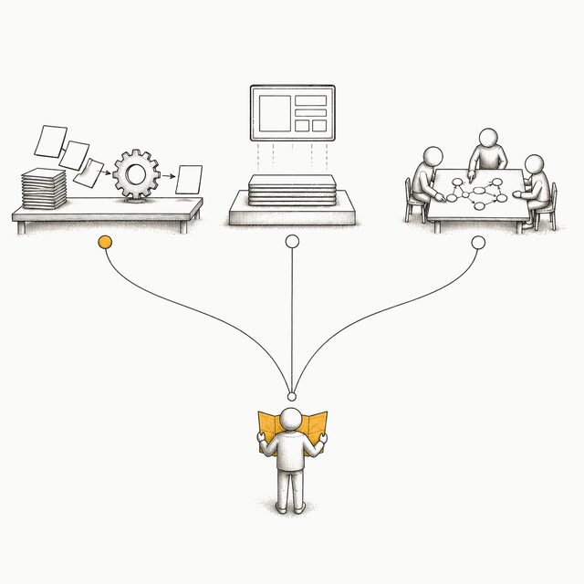 Three routes leaving one starting point: a business problem being solved, a product being built, and a team learning the method.