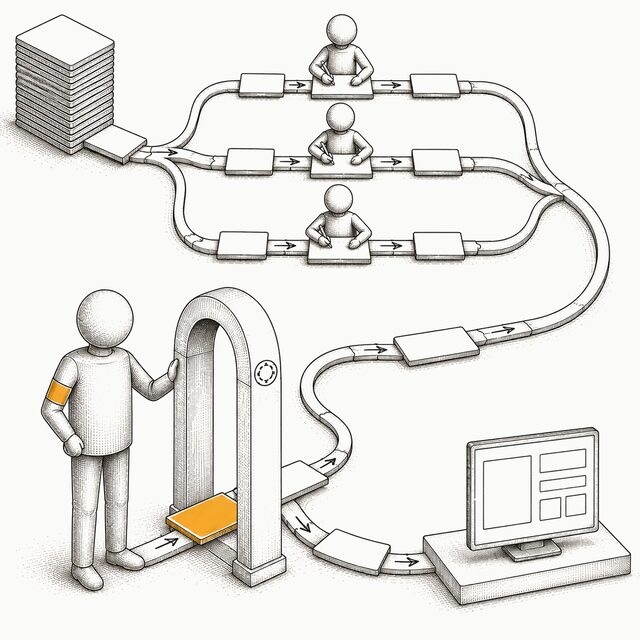 The pipeline as a production line: a backlog of cards, three agents working in parallel, a quality gate with a person standing beside it, and a finished product on a plinth.